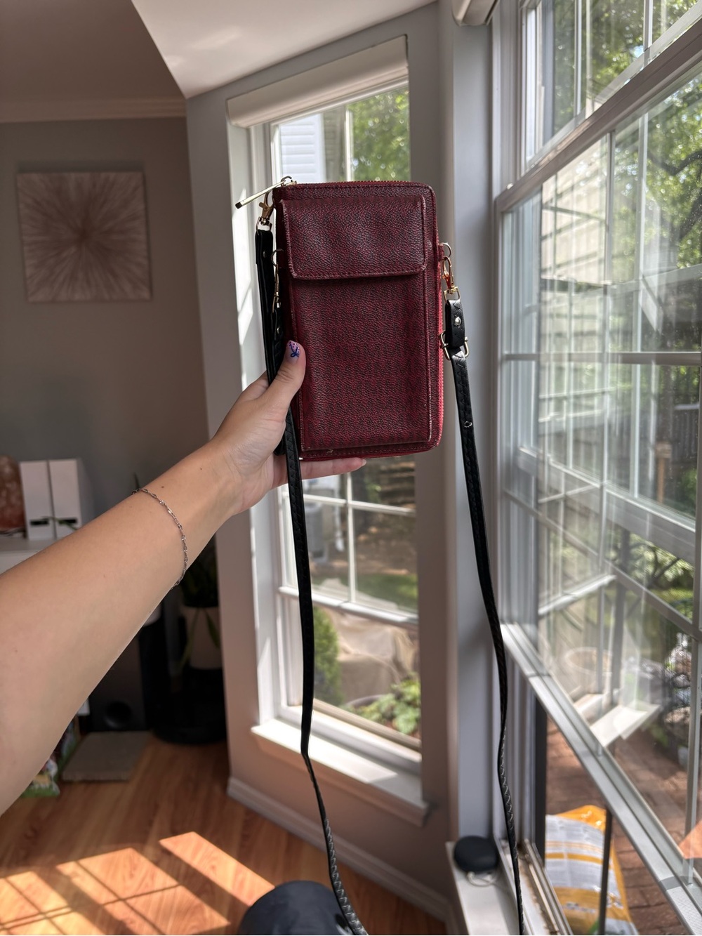 Structured Burgundy Crossbody Phone Wallet Bag with Black Strap